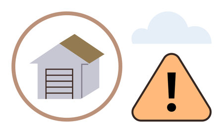 Garage with slanted roof and open door beside warning sign and cloud. Ideal for construction, maintenance, safety, risk prevention, weather alert, caution, home improvement themes. Simple flatのイラスト素材