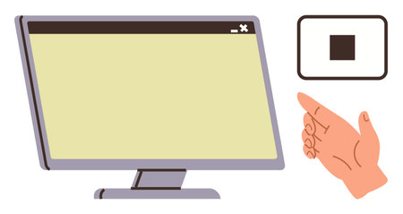 Desktop monitor with blank screen and a hand gesture pointing to a black stop button. Ideal for user...