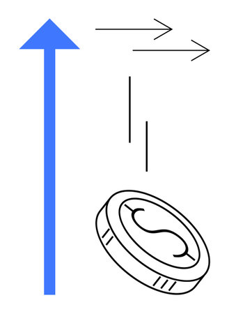 Coin falling alongside a blue upward arrow and dynamic motion lines, symbolizing financial growth, investment, strategy, and upward momentum. Ideal for economics, business, development, innovationのイラスト素材