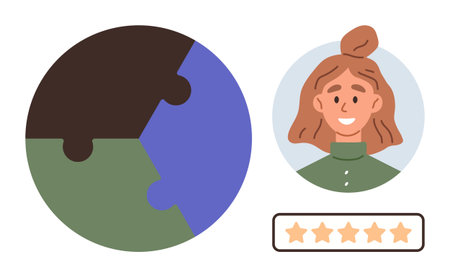 Circular puzzle, smiling woman avatar, and star rating emphasize connection, review, and satisfaction. Ideal for teamwork, service quality, collaboration, rating systems feedback evaluation simpleのイラスト素材