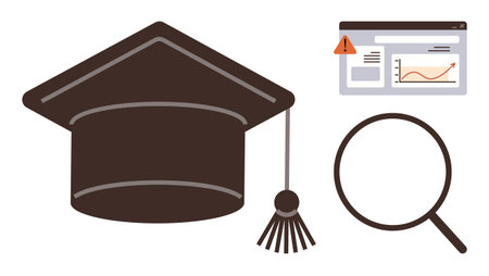 Mortarboard cap symbolizing education, graph and alert on a screen for data analysis, and magnifying glass for research. Ideal for education, learning, analysis, research, progress, knowledgeのイラスト素材