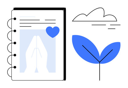 Notebook with praying hands, blue heart, and sprouting plant alongside a cloud. Ideal for personal growth, mindfulness, spirituality, nature, meditation self-care faith. Simple flat metaphorのイラスト素材