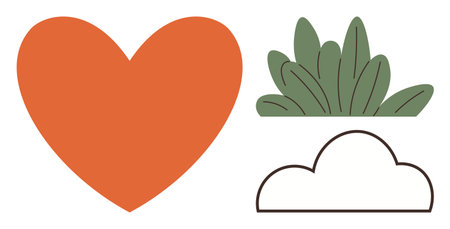 Red heart, green lush leaves, and a black-outlined cloud evoke love, nature, and serenity. Ideal for wellness, ecology, health, mindfulness sustainability self-care emotional balance simple flatのイラスト素材
