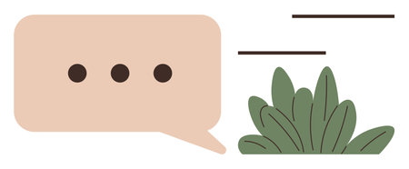 Minimalist speech bubble with three dots beside green leafy plant and abstract lines. Ideal for...
