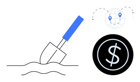 Shovel digging into ground, globe with location pins, and dollar icon. Ideal for investment, global economy, resource discovery, growth, planning, financial strategy simple flat metaphorのイラスト素材