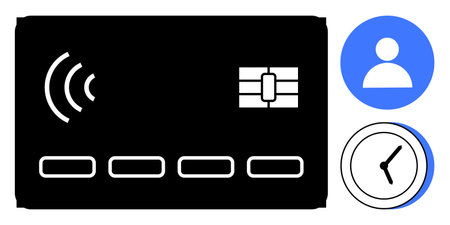Black debit or credit card with contactless symbol and chip, user profile icon, clock symbol. Ideal for finance, technology, security, banking, identification data business. Simple flat metaphorのイラスト素材
