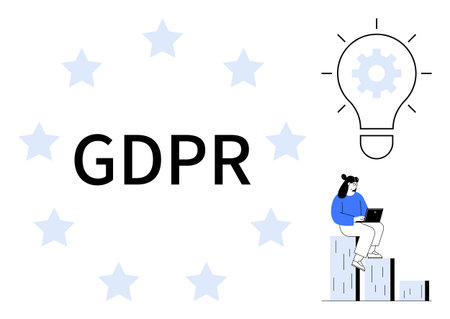 GDPR surrounded by stars, person working on a laptop on data chart, lightbulb with gear inside. Ideal for data protection, compliance, privacy, innovation, analytics, information securityのイラスト素材