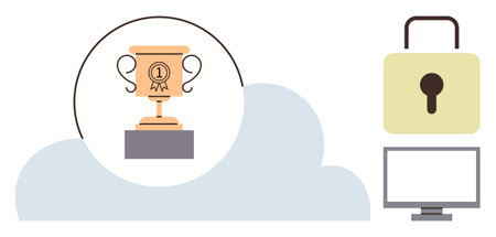 Trophy in cloud symbolizing success, with lock and computer representing security and technology. Ideal for achievement, data security, technology trust, cybersecurity, innovation, award recognitionのイラスト素材