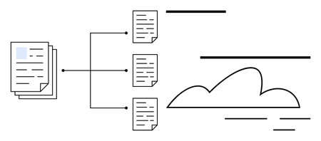 Stacked documents linked to individual files and a cloud, illustrating digital storage, data sharing, cloud computing, workflow, document management, organization, and collaboration. Simple flatのイラスト素材