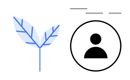 Blue leaf paired with a user silhouette in a circle symbolizes nature, individuality, and balance. Ideal for sustainability, personal growth, ecology, health, innovation, mindfulness and technologyのイラスト素材
