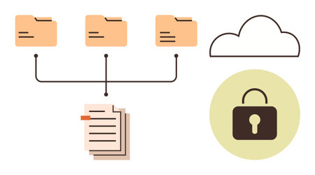 Folders linked to documents and cloud, emphasizing secure file management and data sharing. Ideal for cloud storage, cybersecurity, networking, data protection, collaboration, organization, privacyのイラスト素材