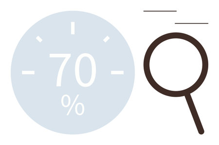 Magnifying glass examining circular 70 data indicator with clean lines. Ideal for analytics, performance insight, research, growth measurement, education, focus, and clarity concepts. Simple flatのイラスト素材