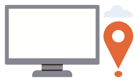 Computer monitor alongside a map pin and cloud symbolizing online navigation, geolocation, and connectivity. Ideal for technology, GPS, travel, software, digital mapping, network cloud computingのイラスト素材