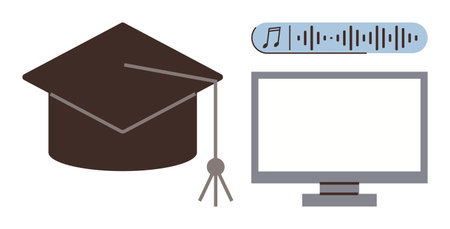 Graduation cap, blank computer monitor, and audio wave design focus on digital education, e-learning tools, and remote learning. Ideal for education, technology, growth, success innovationのイラスト素材
