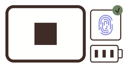 Fingerprint scanner with approval checkmark, battery status, and square panel. Ideal for security, authentication, technology, user interface, identity verification, modern devices and concepts ofのイラスト素材