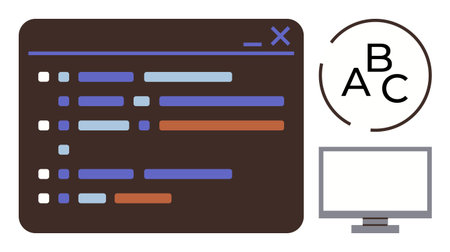 Coding interface with lines, computer monitor, and alphabet circle symbol. Ideal for programming, coding, education, software development, design concepts communication and digital learning. Simpleのイラスト素材