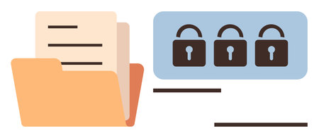 Open folder with documents alongside three locks symbolizing data encryption, privacy, cybersecurity, access control, and secure storage. Ideal for security, technology, and confidentiality. Clearのイラスト素材