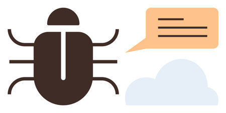 Bug icon, speech bubble, and cloud symbolizing software troubleshooting, communication, and online...