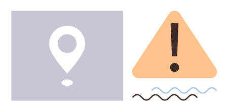 Location pin and exclamation inside a triangular warning sign with waves below. Ideal for...