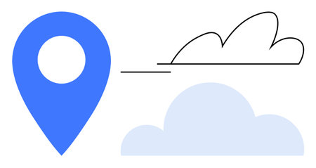 Blue location pin alongside abstract linear and solid clouds conveys navigation, travel, and digital...