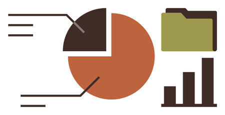 Pie chart with labeled sections, a document folder, and vertical bar chart. Ideal for business strategy, analytics, data organization, reporting, market research education and planning. A simpleのイラスト素材