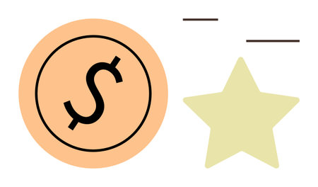 Dollar coin next to a star with minimalist lines. Ideal for finance, investment, business growth, achievement, reward systems, savings, and freelancing themes. Simple flat metaphorのイラスト素材