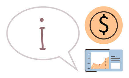 Speech bubble with i for information, dollar symbol, and analytics dashboard. Ideal for finance, analytics, data-driven decisions, education, consulting investment communication themes. Simple flatのイラスト素材