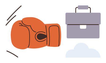 Red boxing glove and gray briefcase juxtaposed, symbolizing rivalry or balancing business challenges. Ideal for career, competition, risk, conflict, motivation, ambition, teamwork simple flatのイラスト素材