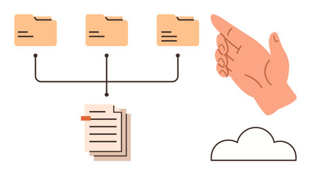 File folders connected to documents by paths, pointing gesture toward cloud symbol. Ideal for file sharing, teamwork, cloud storage, data sorting, document management, workflow, and digital systemsのイラスト素材