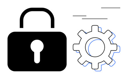 Black padlock and gear interconnected evoke secure system processes. Ideal for cybersecurity, data safety, software protection, IT solutions, technology, privacy policies, and encryption. Simple flatのイラスト素材