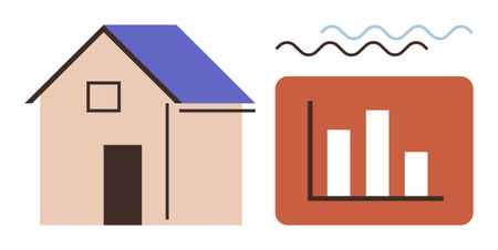 Minimal house with blue roof next to bar chart and wavy lines. Ideal for real estate, energy monitoring, housing analytics, sustainability, market trends, data reporting, simple flat metaphorのイラスト素材