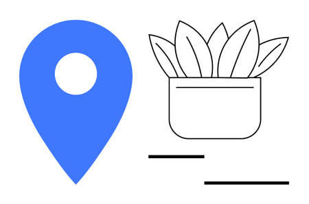Blue map pin beside a black-accented potted plant with leaves and horizontal lines. Ideal for navigation, location, ecology, simplicity, minimalism, eco-design, and home decor. A simple flat metaphorのイラスト素材