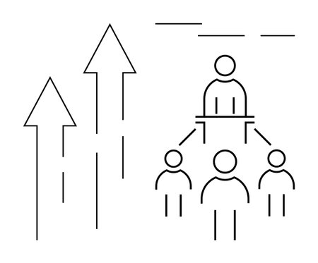 Arrows pointing upward alongside leader figure guiding team hierarchy below. Ideal for growth, leadership, success, teamwork, business strategy, organizational structure, simple flat metaphorのイラスト素材