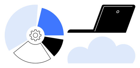 Laptop, segmented pie chart with gear, and cloud emphasize technology, cloud computing, data analysis, and digital tools. Ideal for IT, innovation cloud analytics workflow and system. Simple flatのイラスト素材