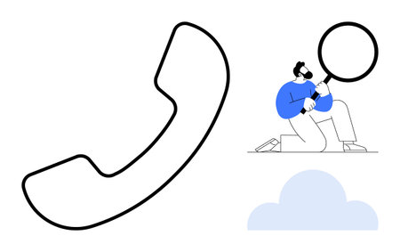 Large phone receiver outline, person analyzing with magnifying glass, cloud element below. Ideal for communication, customer service, troubleshooting, analysis, technology support research. Simpleのイラスト素材
