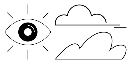 Eye with radiating lines beside two minimalist clouds, representing vision, clarity, and perspective. Ideal for insight, creativity, inspiration, focus imagination observation meditation. Simpleのイラスト素材