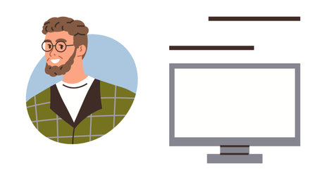 Man with brown hair and glasses in green checkered jacket paired with blank computer screen with text, representing user profile, technology use, or professional communication. Ideal for identityのイラスト素材
