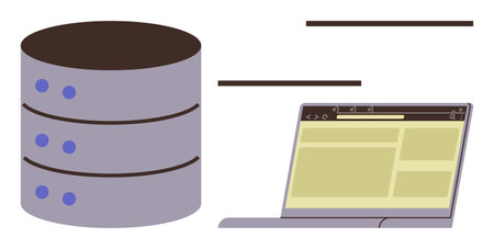 Server stack beside a laptop displaying a simplified user interface. Ideal for technology, web development, database access, cloud computing, IT solutions, digital storage, data management themesのイラスト素材