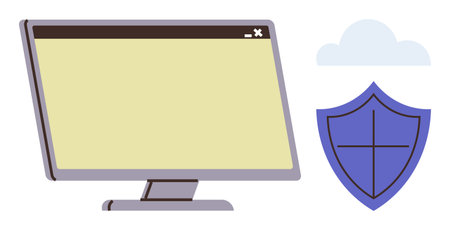 Desktop monitor alongside shield and cloud symbolizing cybersecurity, online privacy, and cloud safety. Ideal for technology, antivirus, cybersecurity, data protection, internet safety, secureのイラスト素材