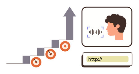Upward arrow over stairs with target icons, profile with voice waveform, and website address bar. Ideal for growth, technology, voice recognition, goals, SEO, innovation simple flat metaphorのイラスト素材