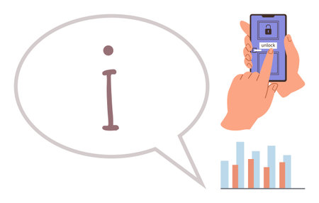 Finger unlocking smartphone with lock screen, bar chart analysis, and speech bubble with information icon. Ideal for data security, technology, user access, communication, analytics, informationのイラスト素材