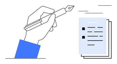 Hand holding a fountain pen writing on paper showing completed documents. Ideal for education, business, writing, creativity, communication, productivity, documentation. Simple flat metaphorのイラスト素材