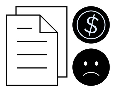 Document with lines, dollar sign in a circle, and sad face icon. Ideal for finance, debt, cost analysis, poor budgeting, tax challenges, financial struggles simple flat metaphorのイラスト素材