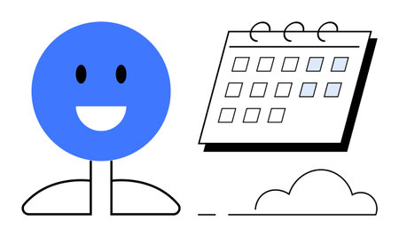 Smiling blue figure next to a spiral-bound calendar with marked dates and a simple cloud. Ideal for planning, time management, productivity, organization, goal setting, positivity, simple flatのイラスト素材