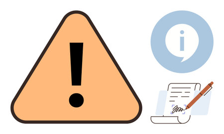 Exclamation mark triangle, speech bubble with i for information, and signed document with pen. Ideal for safety, guidance, legal, agreement, warning terms and communication contexts. Simple flatのイラスト素材