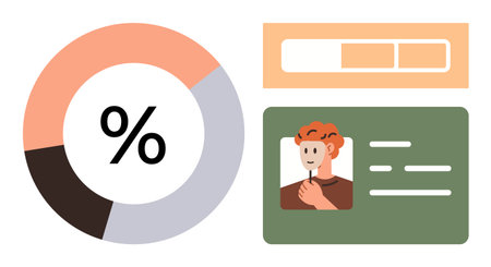 Pie chart with percentage, progress bar, and user profile card showcasing visualized data. Ideal for data visualization, analytics, reporting, user identity, education, business minimal designのイラスト素材