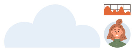 Blue cloud shape, profile portrait of woman, and analytics graph. Ideal for data storage, networking, analytics, cloud computing, user experience technology communication. Simple flat metaphorのイラスト素材