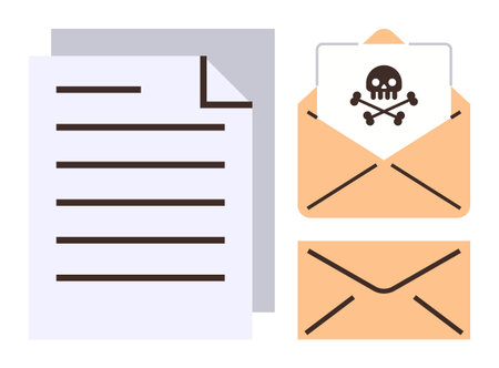 Open document, two envelopes, and a malicious letter with a skull graphic. Ideal for cybersecurity, email scams, hacking, data breaches, phishing, online threats simple flat metaphorのイラスト素材