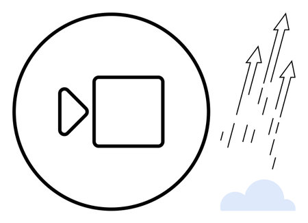 Camera icon within a circle, arrows pointing upward above a cloud. Ideal for technology, growth, communication, streaming, innovation, digital trends and cloud computing. Simple flat metaphorのイラスト素材
