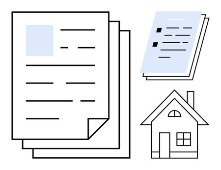 Stacked paper, contract, and house icon illustrate property agreements and homeownership. Ideal for real estate, contracts, finance, legal documents, home loans, administration and housing policiesのイラスト素材